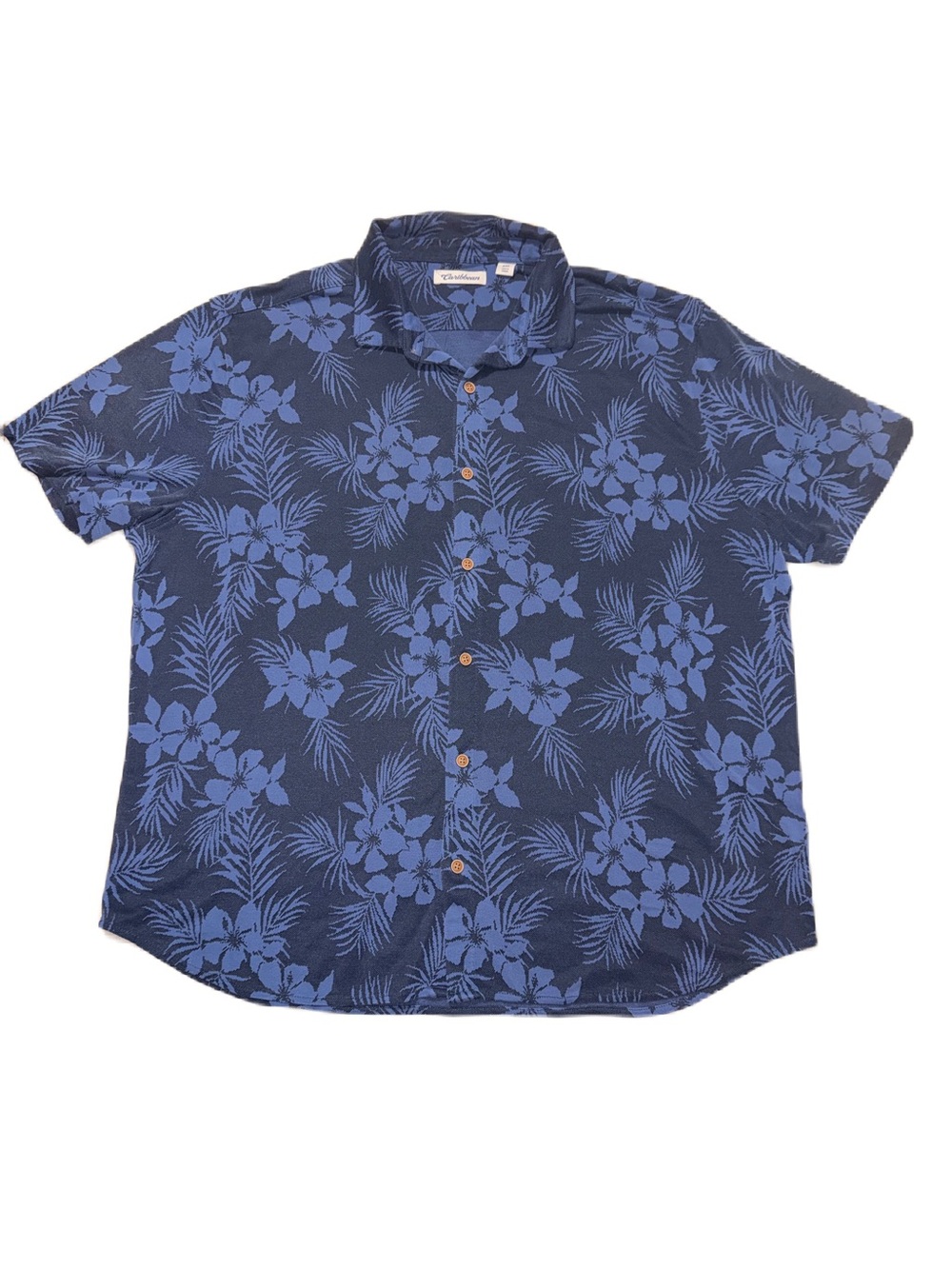 Caribbean Roundtree & Yorke Hawaiian Shirt XXL Casual Cotton Mesh Blue Floral